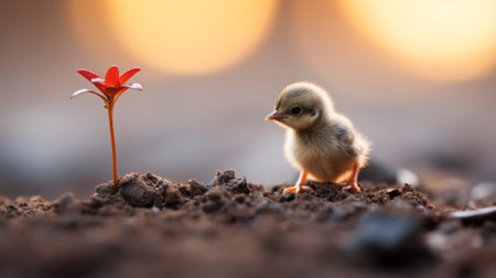 a small baby bird is standing next to a flowerの素材