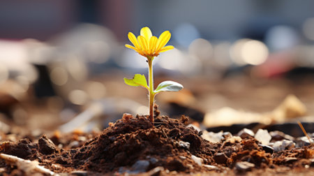 a small yellow flower is growing out of the groundの素材