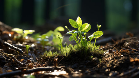 a small plant sprouting from the ground in a forestの素材