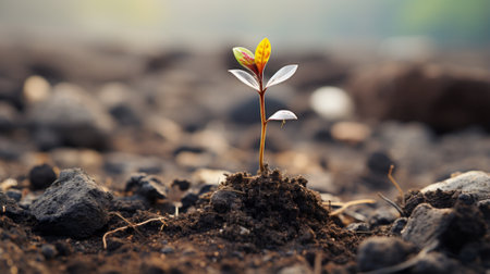 a small plant is growing out of the groundの素材