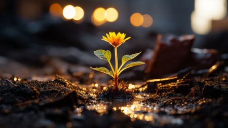a small yellow flower is growing out of the groundの素材