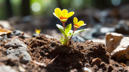a small yellow flower is growing out of the groundの素材