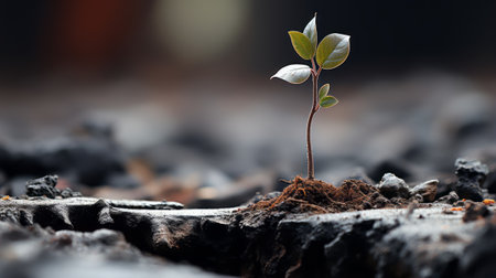 a small plant is growing out of a crack in the groundの素材