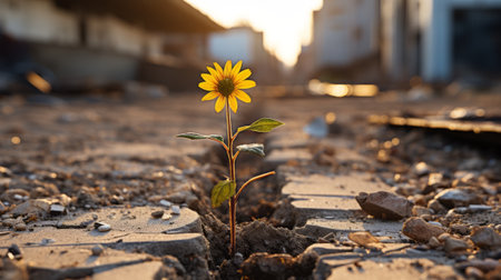a sunflower growing out of a crack in the groundの素材