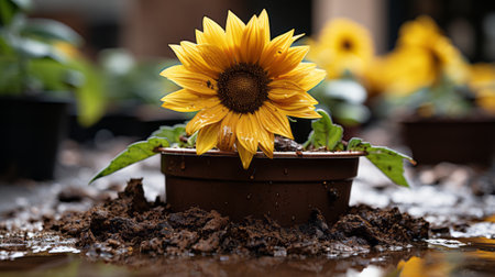 a sunflower is growing in a pot on the groundの素材