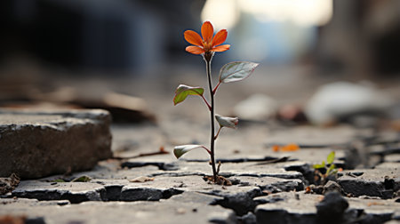 a small orange flower growing out of a crack in the groundの素材