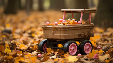 a toy wagon filled with apples in the woodsの素材