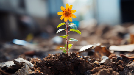 a small yellow flower is growing out of the groundの素材