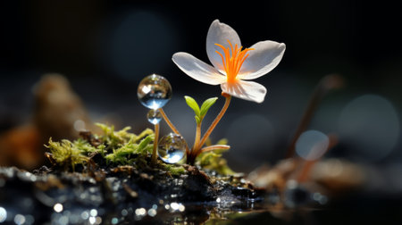 a small white flower sits on top of moss and water dropletsの素材