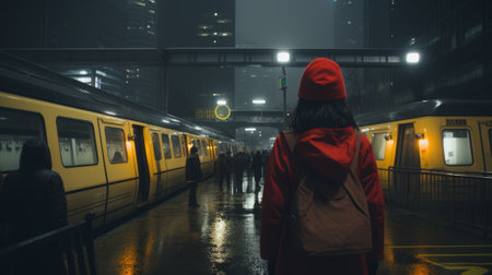 a woman in a red coat standing in front of a trainの素材
