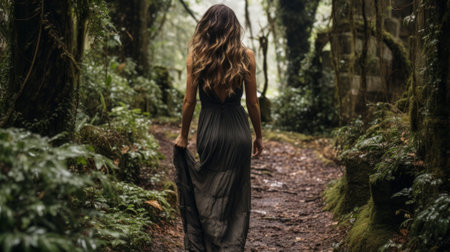 a woman in a long dress walking through a forestの素材