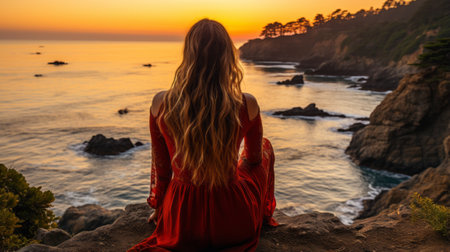 a woman in a red dress sitting on the edge of a cliff overlooking the ocean at sunsetの素材