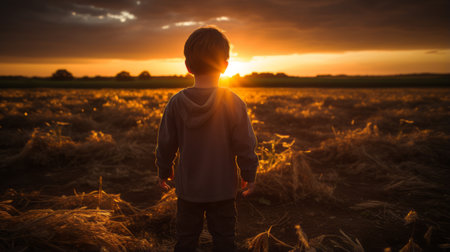 a young boy standing in a field at sunsetの素材
