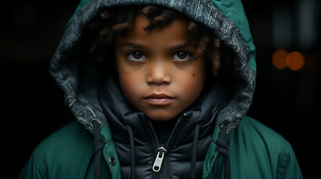 a young boy in a hoodie looking at the cameraの素材
