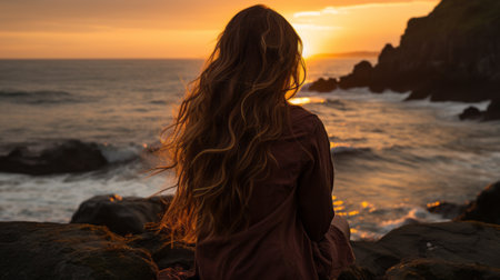 a woman with long hair sitting on a rock overlooking the ocean at sunsetの素材