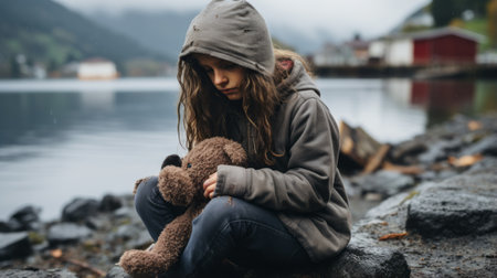 a young girl sitting on a rock by the water with a teddy bearの素材