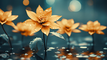 orange lotus flowers in water with water dropletsの素材