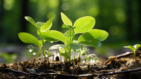 a young plant sprouting from the ground in a forestの素材