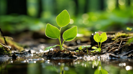 a young plant sprouting from the ground in a forestの素材