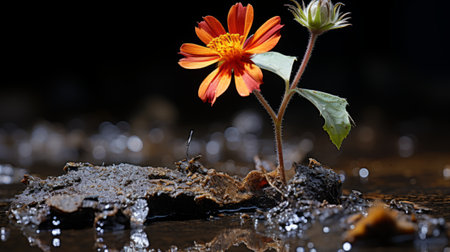 an orange flower growing out of the ground in a puddle of waterの素材