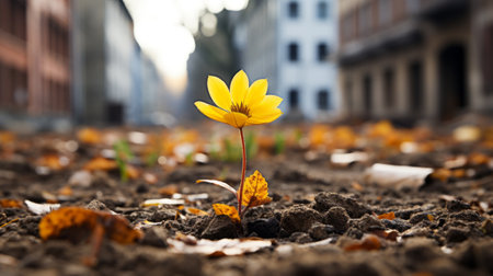 a yellow flower growing out of the ground in the middle of a cityの素材