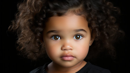 an adorable little girl with curly hair on a black backgroundの素材