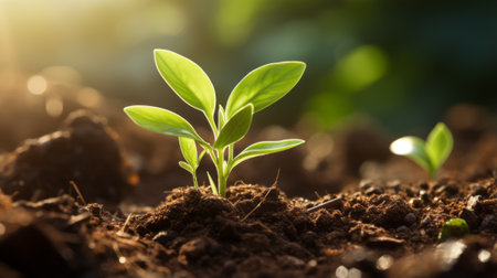 a young plant sprouting from the ground in the sunlightの素材