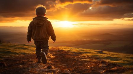 a young boy walking up a hill at sunsetの素材