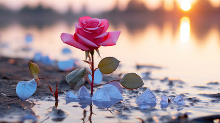 pink rose in the water at sunsetの素材
