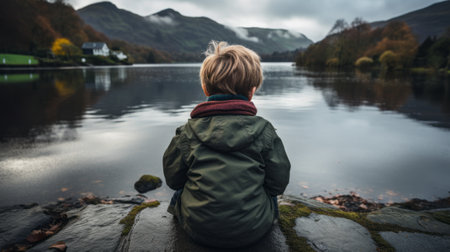 a young boy sitting on the edge of a lake looking at the mountainsの素材