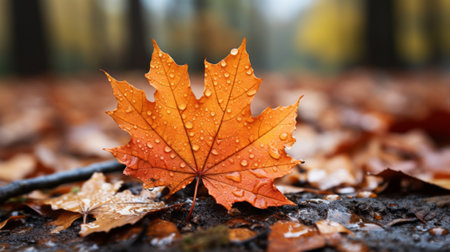 an orange maple leaf sits on the ground with water droplets on itの素材