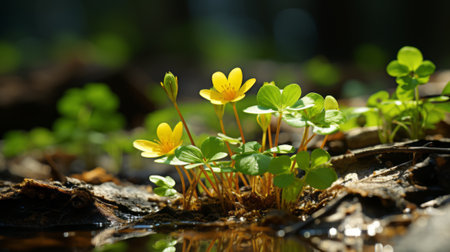 small yellow flowers growing out of the ground in the forestの素材