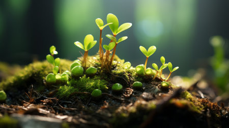 small green plants growing out of a mossy groundの素材