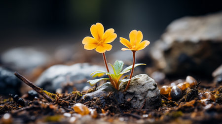 two small yellow flowers growing out of the groundの素材