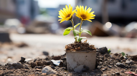 two yellow sunflowers growing in a pot on the groundの素材