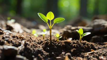 young plants sprouting from the ground in the forestの素材