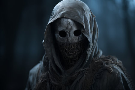 a scary man in a hooded robe with a mask on his faceの素材