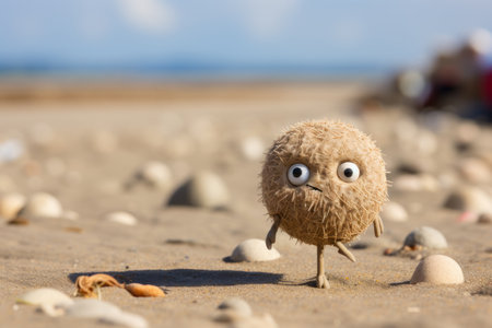 a brown ball with eyes on a sandy beachの素材