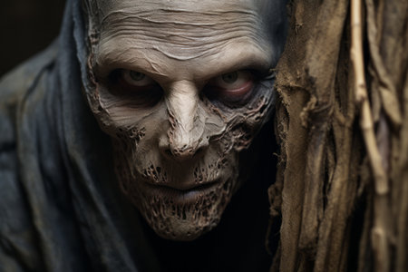 a man with a scary face is peeking out from behind a treeの素材