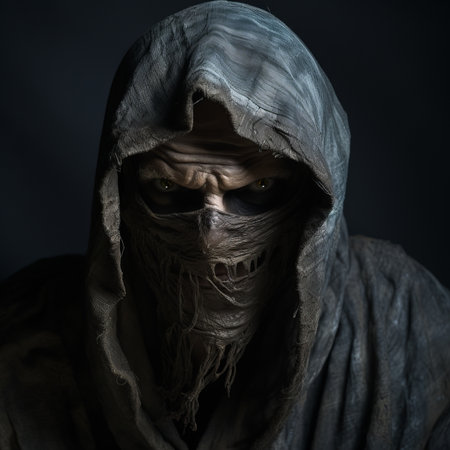 a man in a hooded robe on a dark backgroundの素材