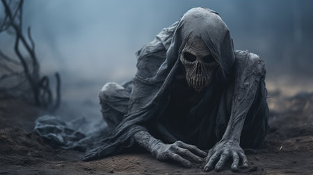 a grim looking skeleton sitting in the middle of a fieldの素材