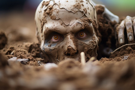 a close up of a zombie skull in the dirtの素材