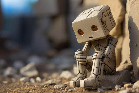 a small robot sitting on the ground in front of a wallの素材