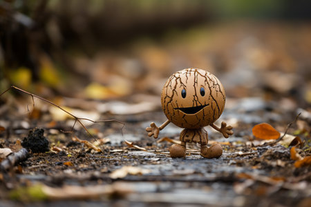 a toy walnut is sitting on the ground in the middle of a fieldの素材