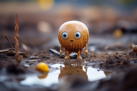 an orange ball with eyes standing in a puddle of waterの素材