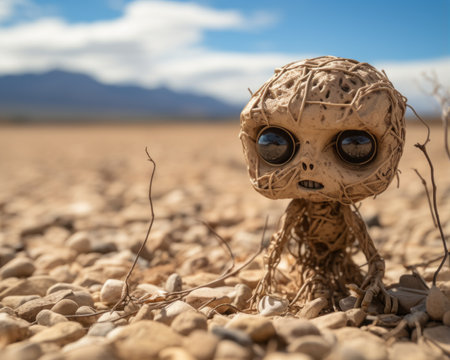 a creepy little doll sitting in the middle of a desertの素材