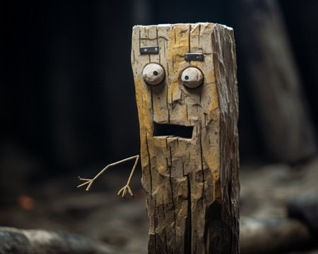 a wooden stick with eyes and a face on itの素材