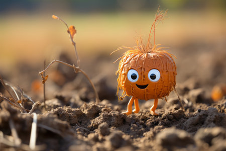 a small orange pumpkin is standing in the middle of a fieldの素材