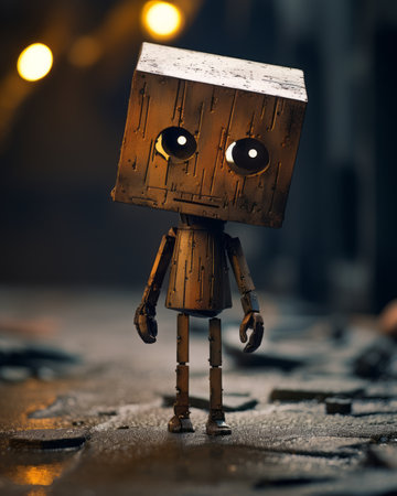 a small wooden robot standing in the middle of a dark roomの素材