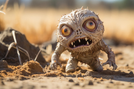 a small toy zombie in the desert with its eyes openの素材